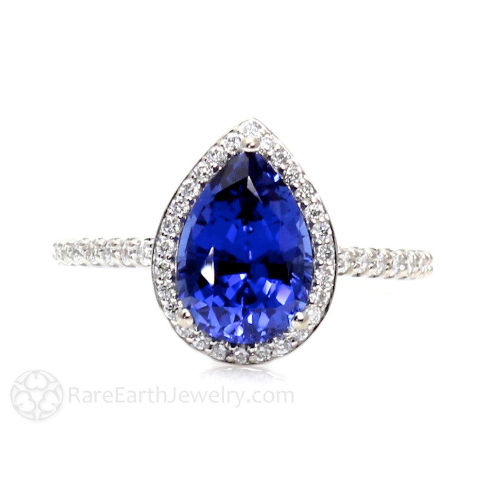 Blue Sapphire Pear Engagement Ring with Diamond Halo, Rare Earth Jewelry