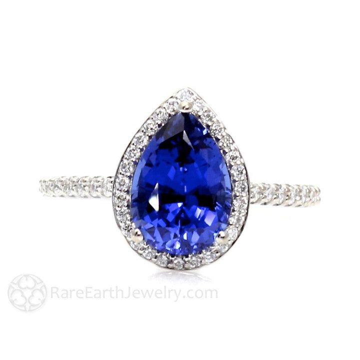 Blue Sapphire Pear Engagement Ring with Diamond Halo, Rare Earth Jewelry