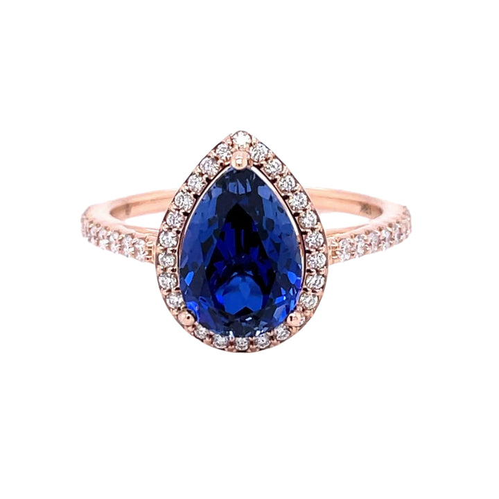 Blue Sapphire Pear Engagement Ring with Diamond Halo, Rare Earth Jewelry