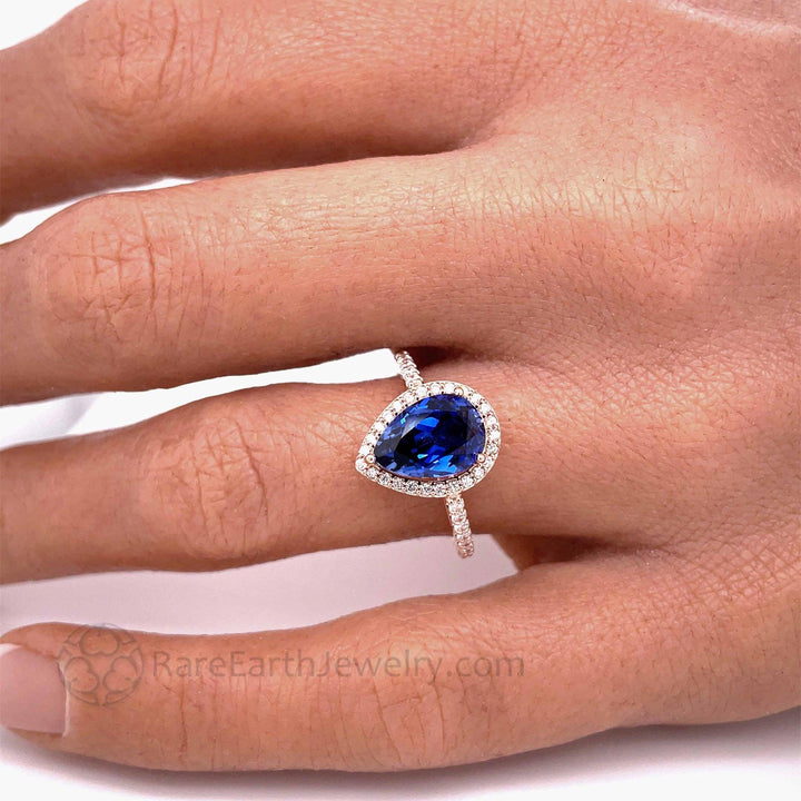 Blue Sapphire Pear Engagement Ring with Diamond Halo, Rare Earth Jewelry