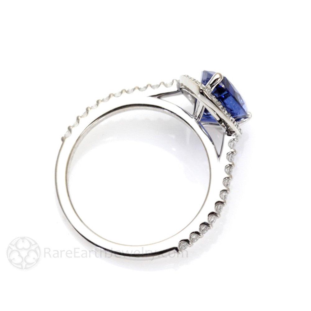 Blue Sapphire Pear Engagement Ring with Diamond Halo, Rare Earth Jewelry