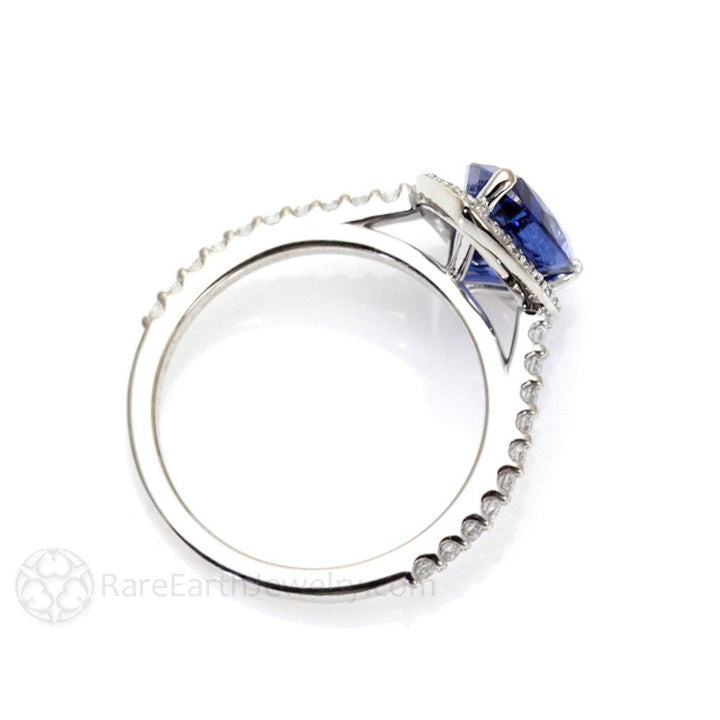 Blue Sapphire Pear Engagement Ring with Diamond Halo, Rare Earth Jewelry