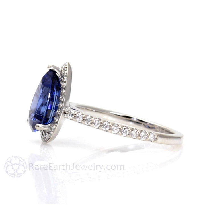 Blue Sapphire Pear Engagement Ring with Diamond Halo, Rare Earth Jewelry