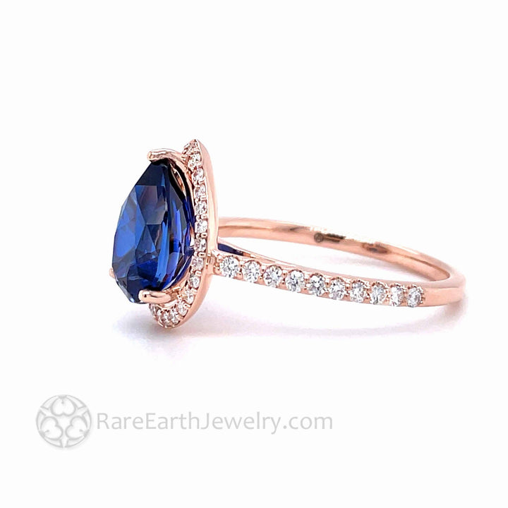 Blue Sapphire Pear Engagement Ring with Diamond Halo, Rare Earth Jewelry