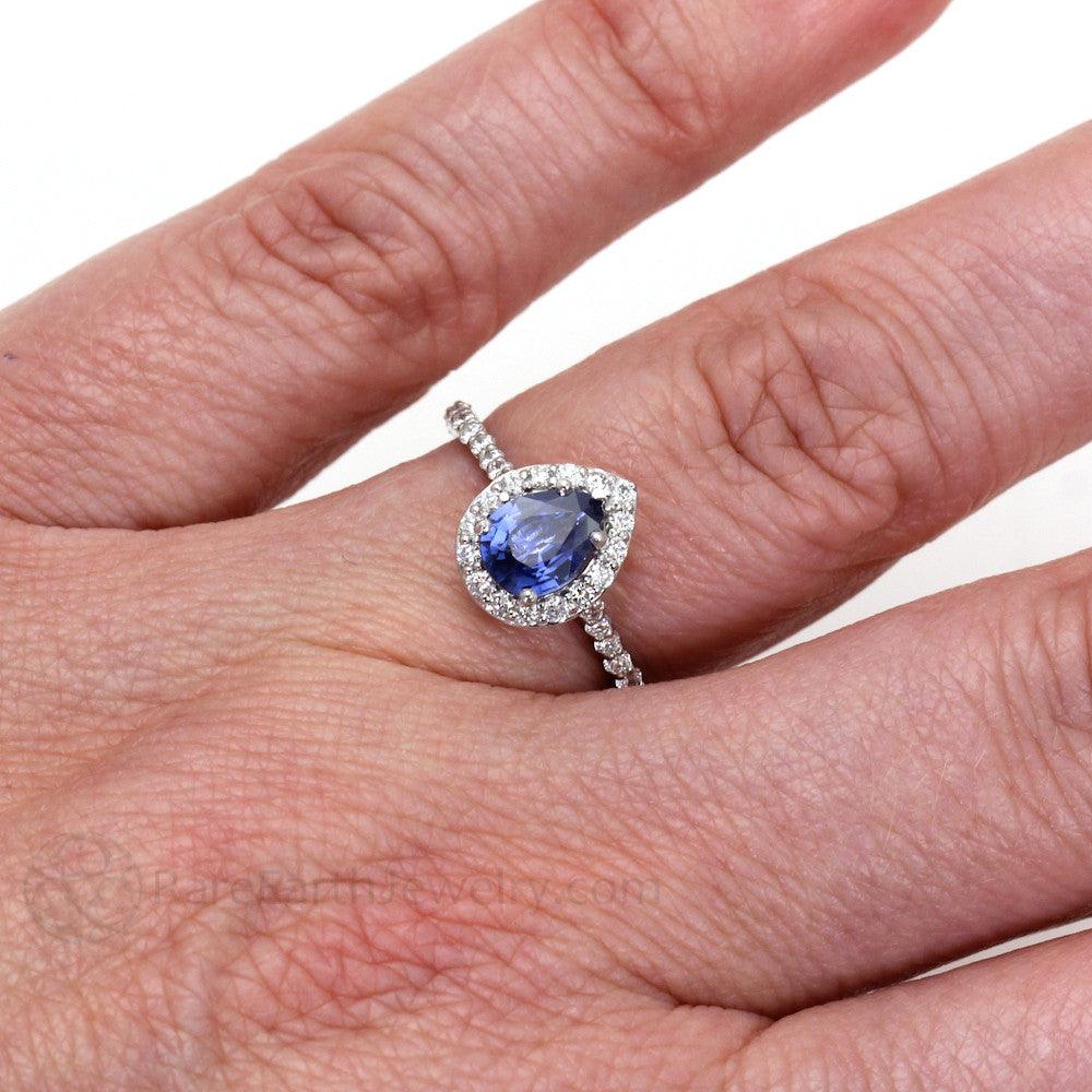 Natural Blue Sapphire Pear Engagement Ring with Diamond Halo, Rare Earth Jewelry
