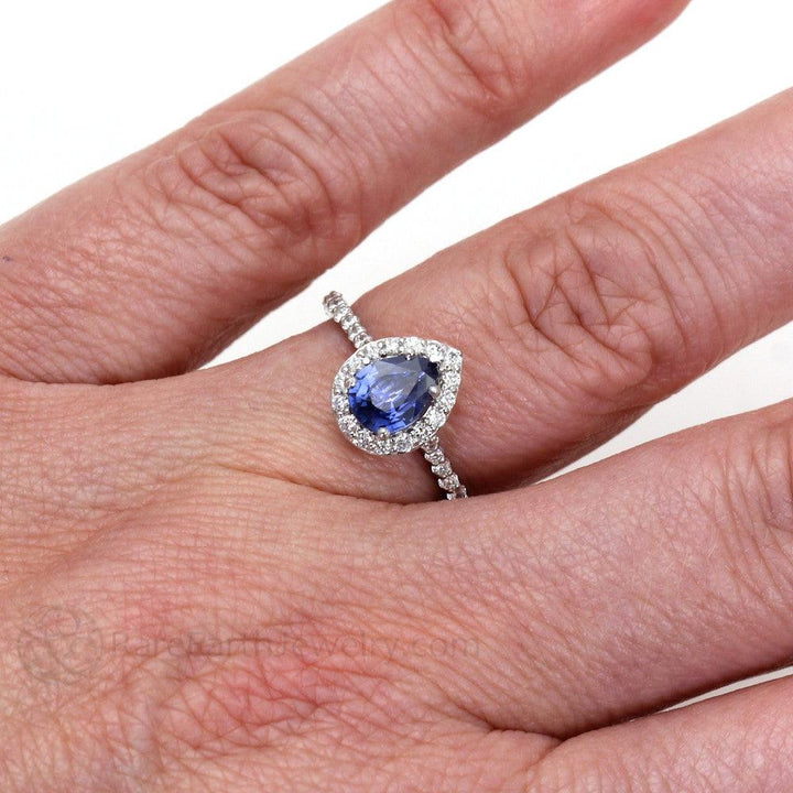 Natural Blue Sapphire Pear Engagement Ring with Diamond Halo, Rare Earth Jewelry