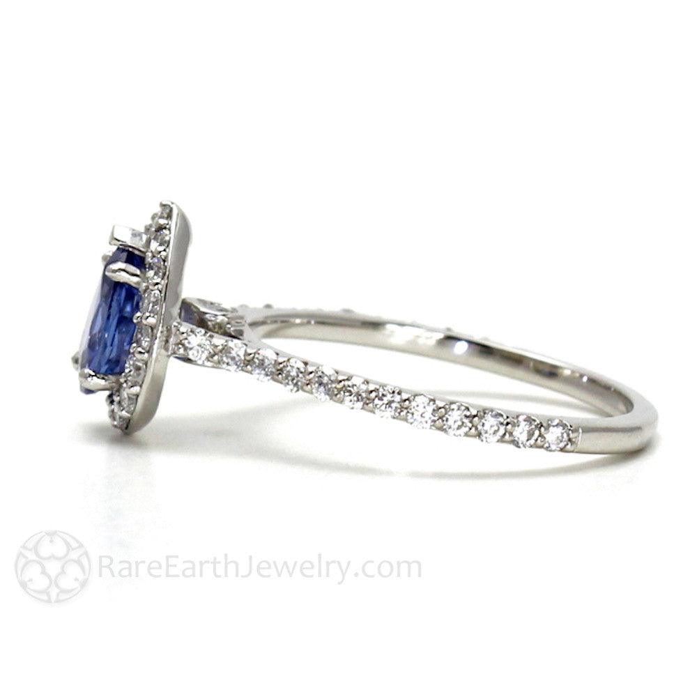 Natural Blue Sapphire Pear Engagement Ring with Diamond Halo, Rare Earth Jewelry