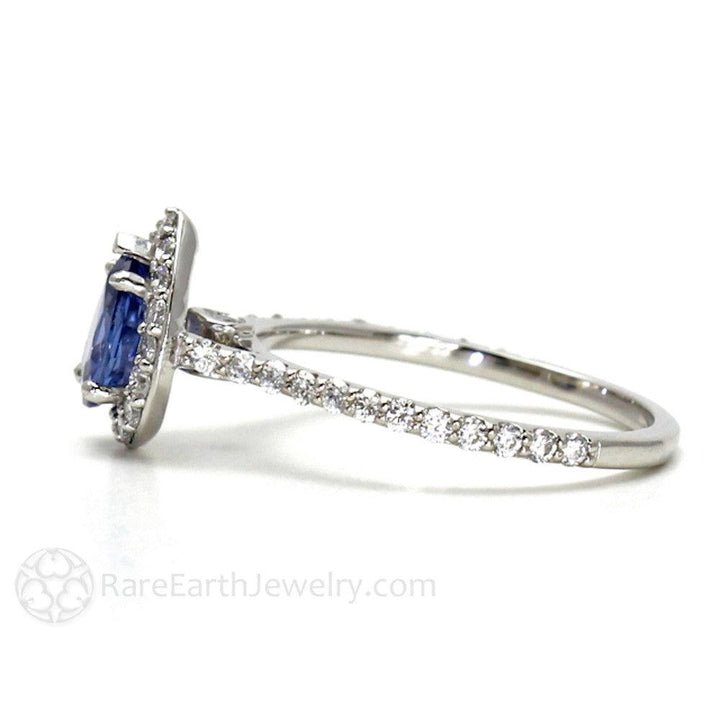 Natural Blue Sapphire Pear Engagement Ring with Diamond Halo, Rare Earth Jewelry