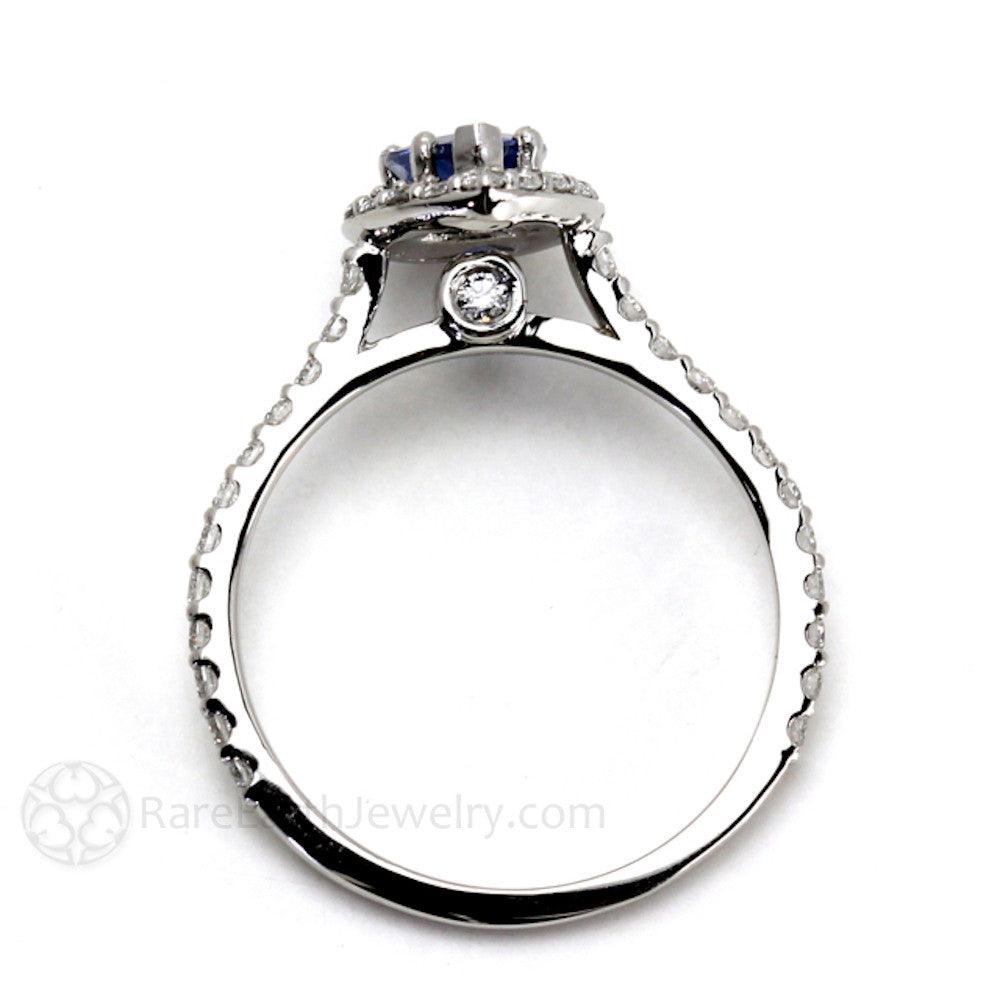 Natural Blue Sapphire Pear Engagement Ring with Diamond Halo, Rare Earth Jewelry