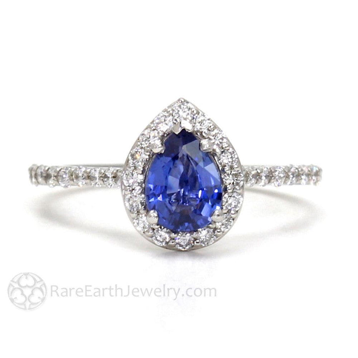 Natural Blue Sapphire Pear Engagement Ring with Diamond Halo, Rare Earth Jewelry