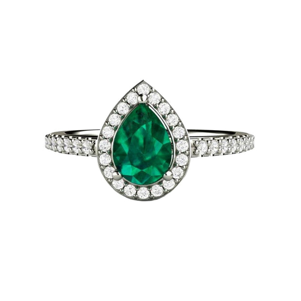 Pear Cut Emerald Engagement Ring with Diamond Halo 14K White Gold - Rare Earth Jewelry