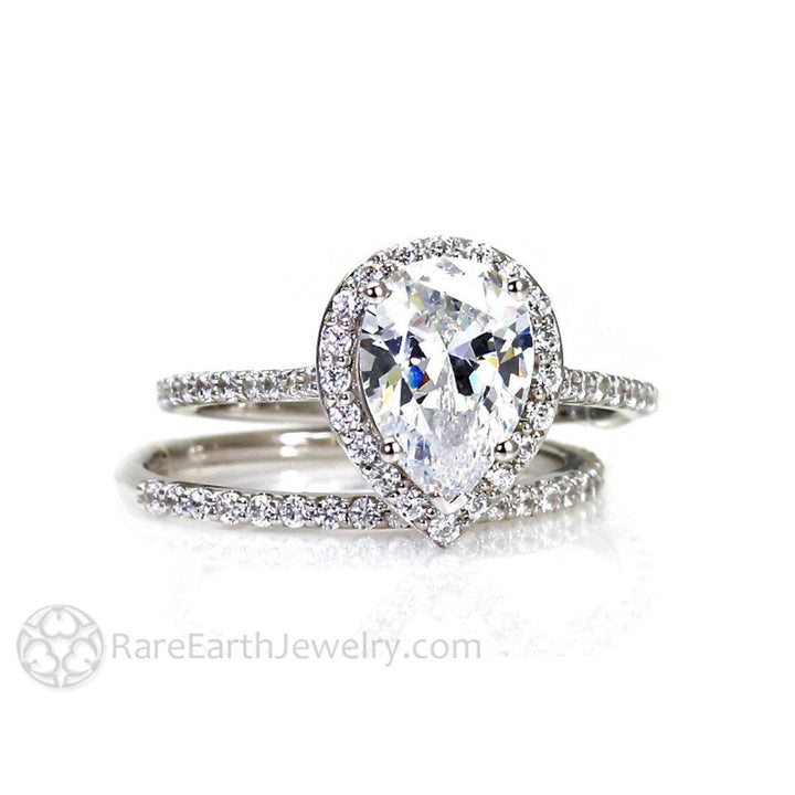 Pear Shaped Moissanite Engagement Ring | Teardrop Halo with Diamond Accents, Rare Earth Jewelry