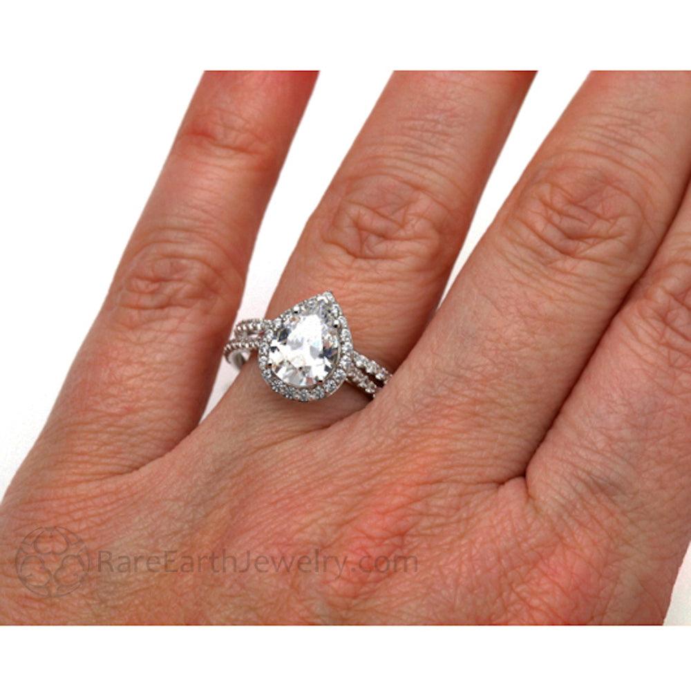 Pear Shaped Moissanite Engagement Ring | Teardrop Halo with Diamond Accents, Rare Earth Jewelry