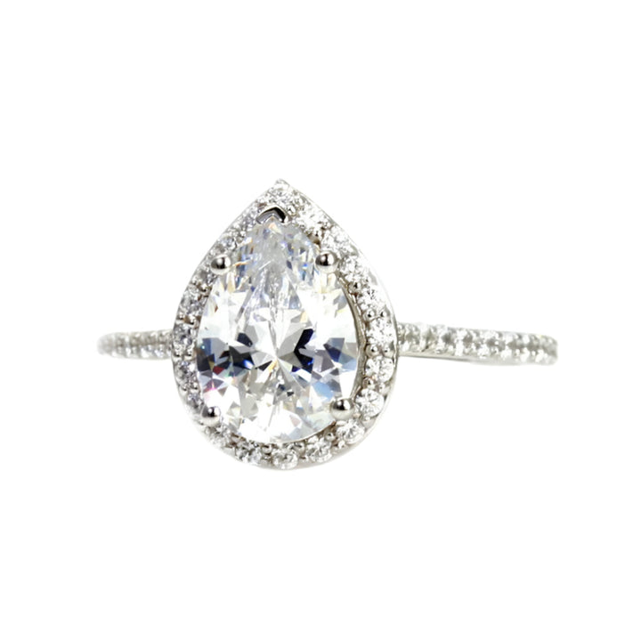 Pear Shaped Moissanite Engagement Ring, Pave Diamond Halo Cathedral Setting | Rare Earth Jewelry