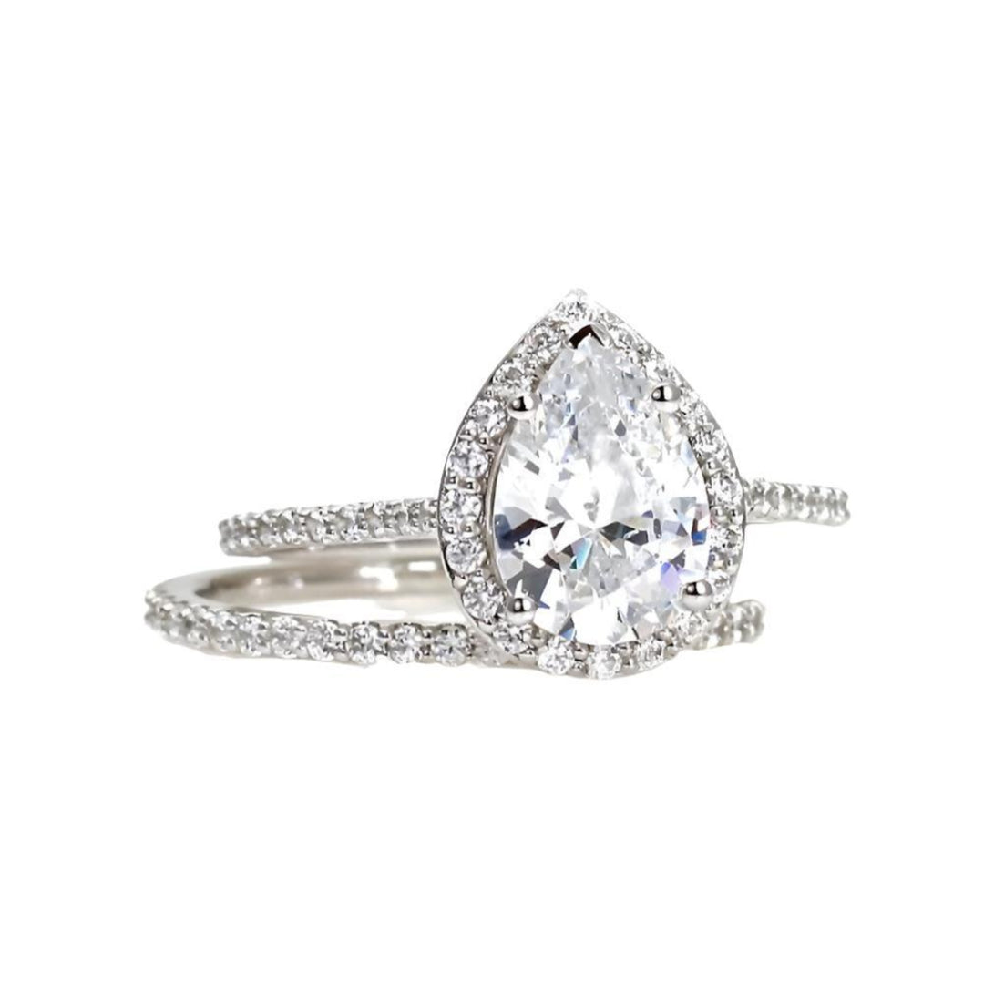 Pear Shaped Moissanite Engagement Ring | Teardrop Halo with Diamond Accents, Rare Earth Jewelry