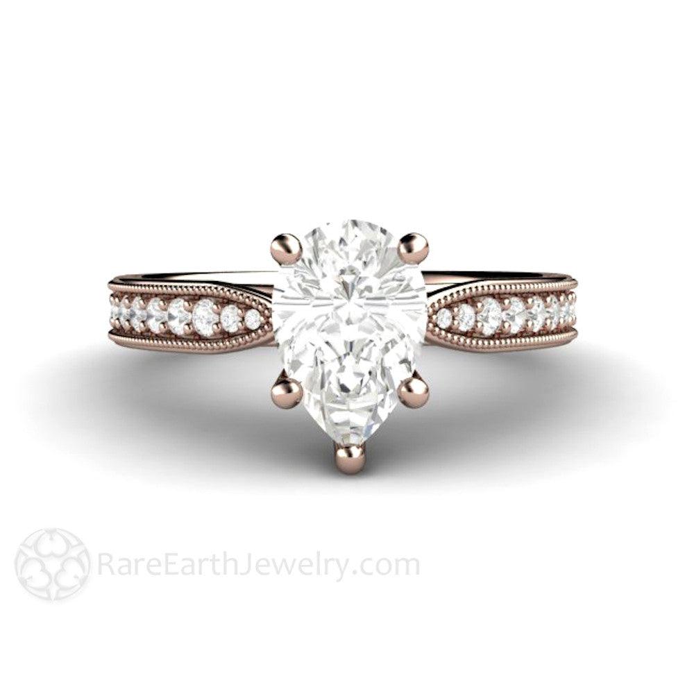 Pear Cut Forever One Moissanite Engagement Ring Vintage Solitaire with Milgrain, Rare Earth Jewelry