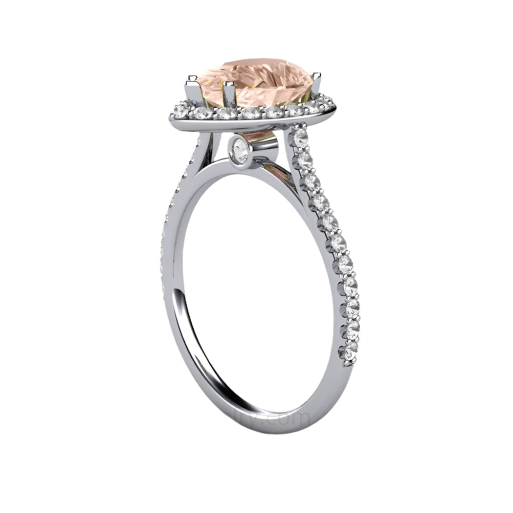 Pear Cut Morganite Engagement Ring with Diamond Halo, Hidden Diamond Cathedral Setting | Rare Earth Jewelry