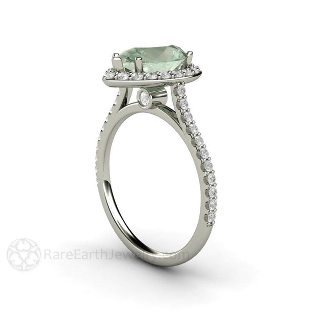Pear Green Amethyst Ring with Diamond Halo 14K White Gold - Rare Earth Jewelry