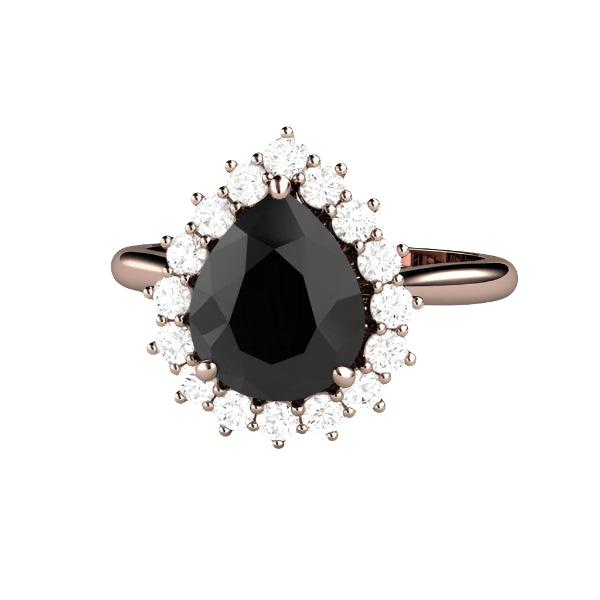 Pear Cut Black Moissanite Engagement Ring, Pear Shaped Diamond Halo Teardrop | Rare Earth Jewelry