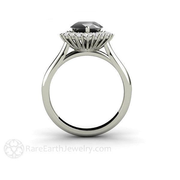 Pear Cut Black Moissanite Engagement Ring, Pear Shaped Diamond Halo, Profile View | Rare Earth Jewelry