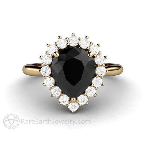 Pear Cut Black Moissanite Ring in Yellow Gold, Pear Shaped Cocktail Ring with Diamonds | Rare Earth Jewelry
