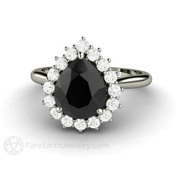 Black Moissanite Ring, Pear Shaped Engagement Ring, Vintage Style Diamond Halo | Rare Earth Jewelry