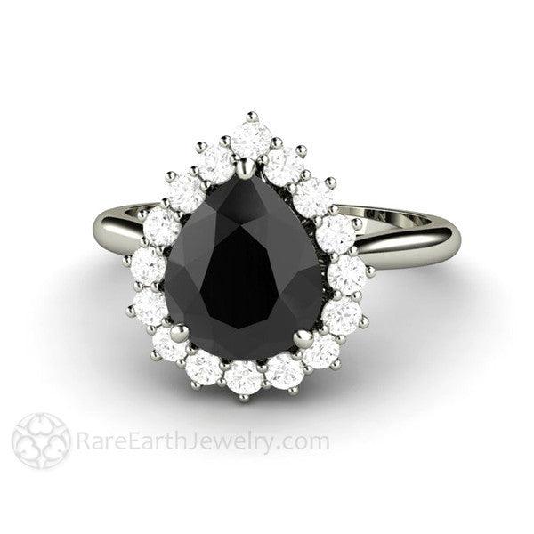 Large Pear Shaped Black Moissanite Ring, Unique Black Stone Statement Ring with Pear Cut Black Moissanite | Rare Earth Jewelry