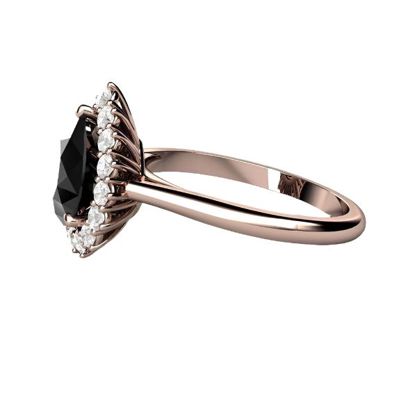 Pear Cut Black Moissanite Engagement Ring, Side View showing Vintage Style Cluster Design | Rare Earth Jewelry