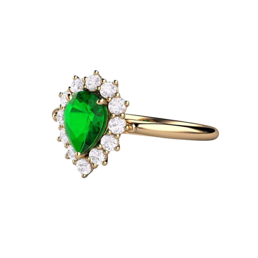 Pear Shaped Tsavorite Garnet Ring, Vintage Style Cluster Design with Diamonds, Pear Cut Green Garnet Engagement Ring | Rare Earth Jewelry