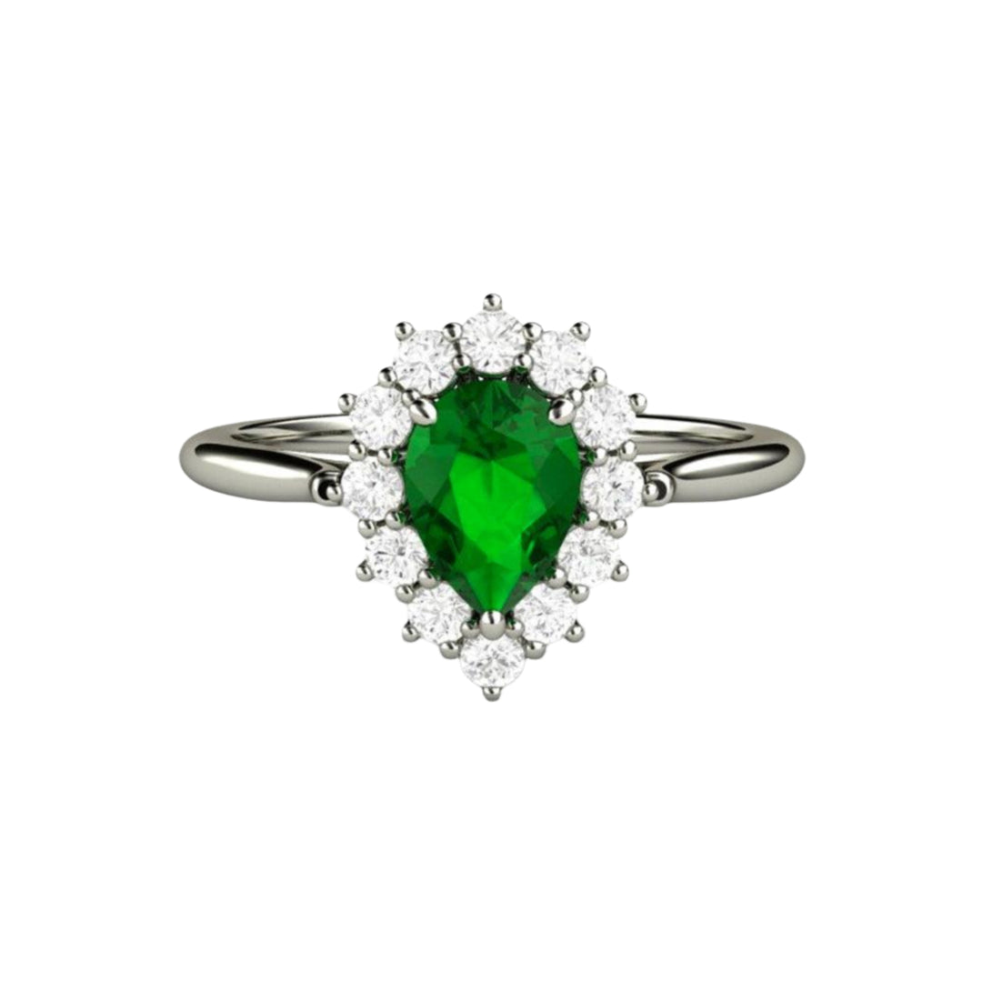 Pear Cut Tsavorite Garnet Engagement Ring in White Gold, Vintage Style Green Garnet Ring with Diamond Cluster Halo | Rare Earth Jewelry
