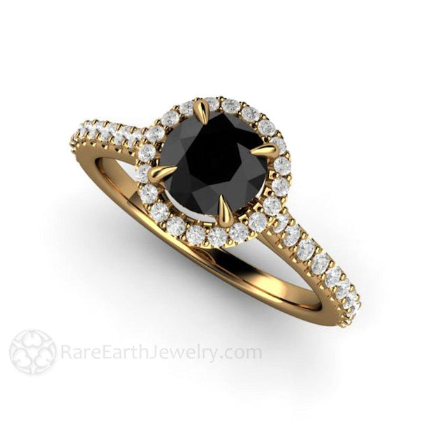 Petite Pave Halo Black Diamond Engagement Ring 18K Yellow Gold - Engagement Only - Rare Earth Jewelry