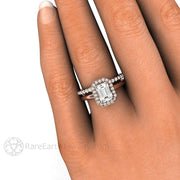 Petite Pave White Sapphire Halo Engagement Ring 14K Rose Gold - Wedding Set - Rare Earth Jewelry
