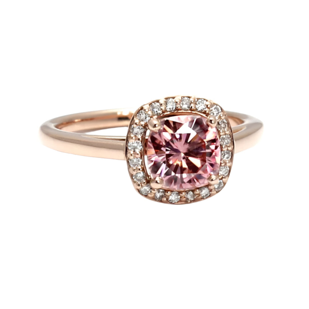 Pink Moissanite Engagement Ring Cushion Cut Petite Diamond Halo, Rare Earth Jewelry