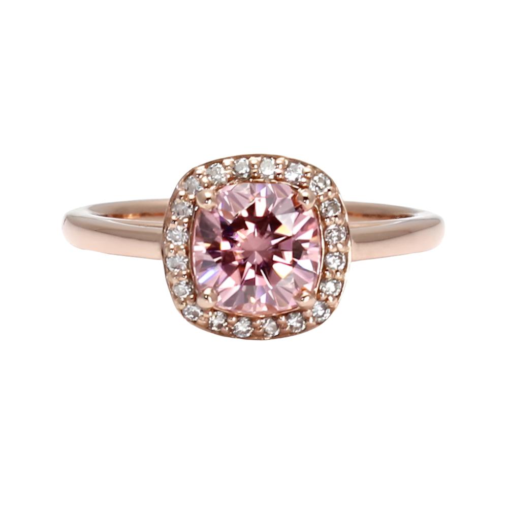 Pink Moissanite Engagement Ring Cushion Cut Petite Diamond Halo, Rare Earth Jewelry