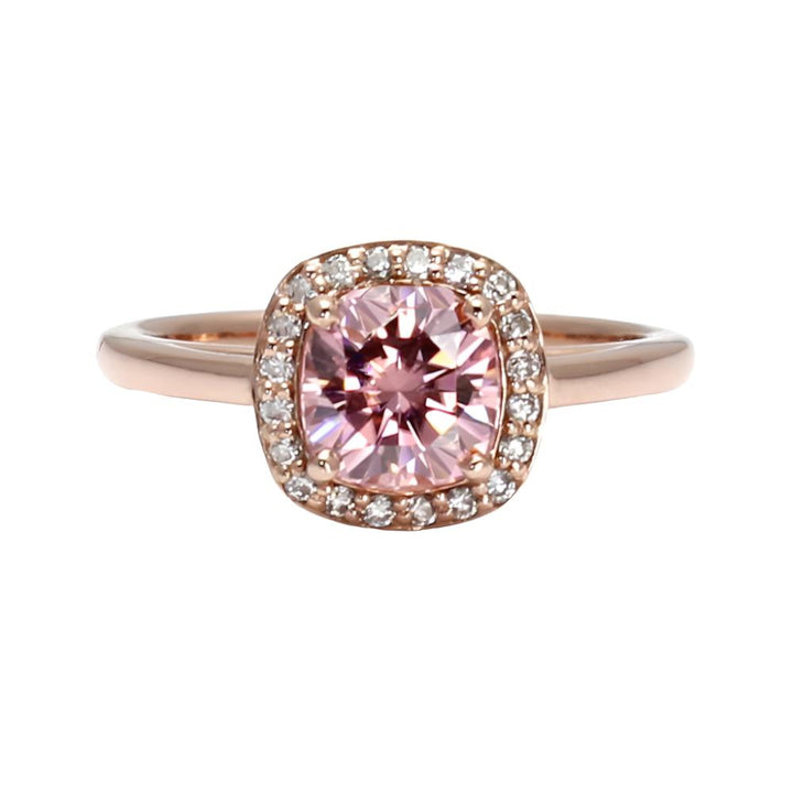 Pink Moissanite Engagement Ring Cushion Cut Petite Diamond Halo, Rare Earth Jewelry