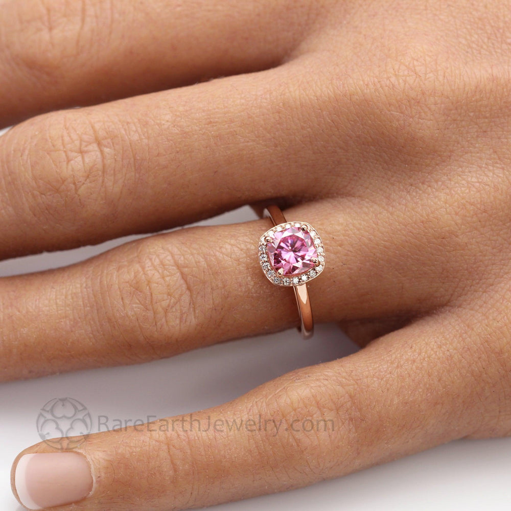 Pink Moissanite Engagement Ring Cushion Cut Petite Diamond Halo, Rare Earth Jewelry