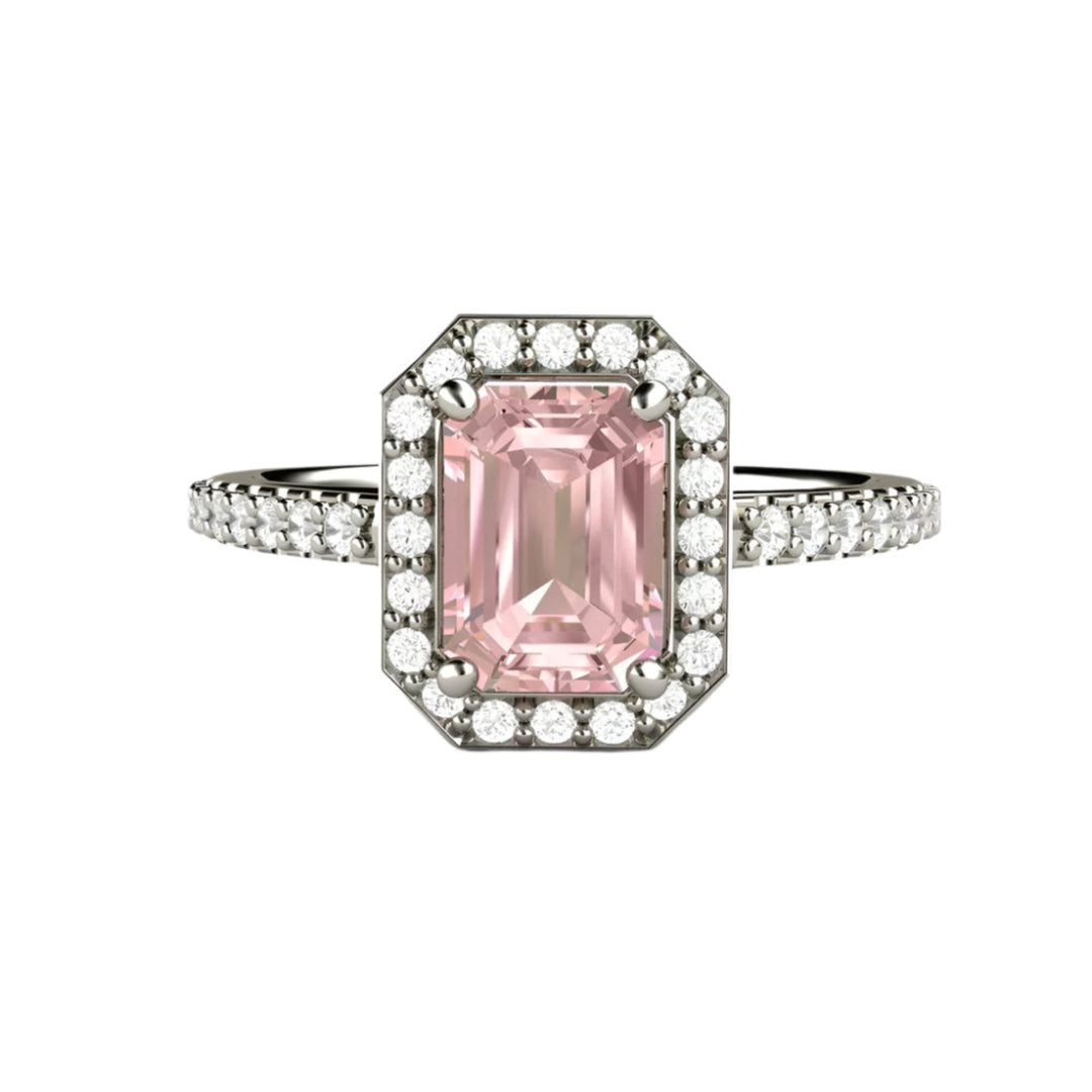 Emerald Cut Pink Moissanite Engagement Ring Pave Diamond Halo, Rare Earth Jewelry