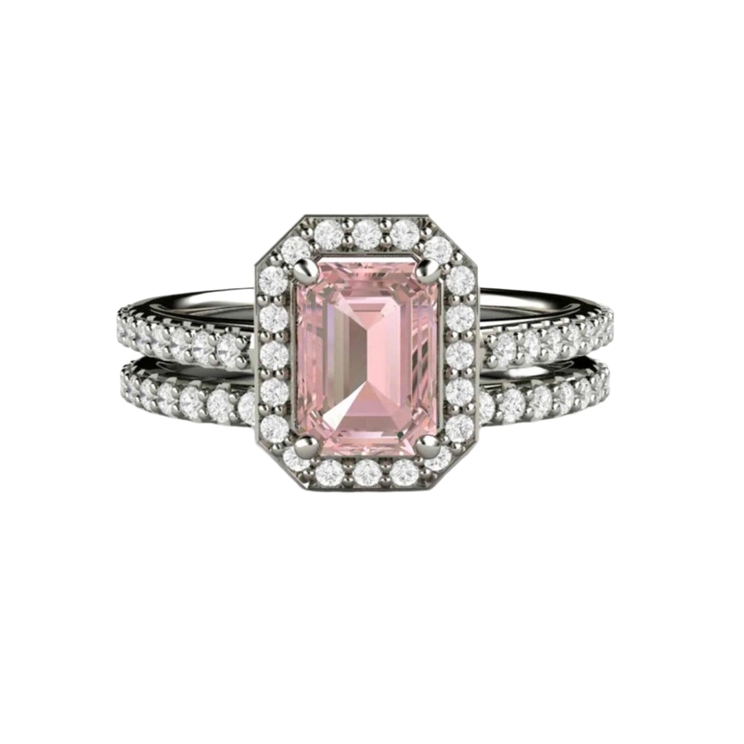 Emerald Cut Pink Moissanite Engagement Ring and Wedding Band,  Pave Diamond Halo Wedding Set | Rare Earth Jewelry