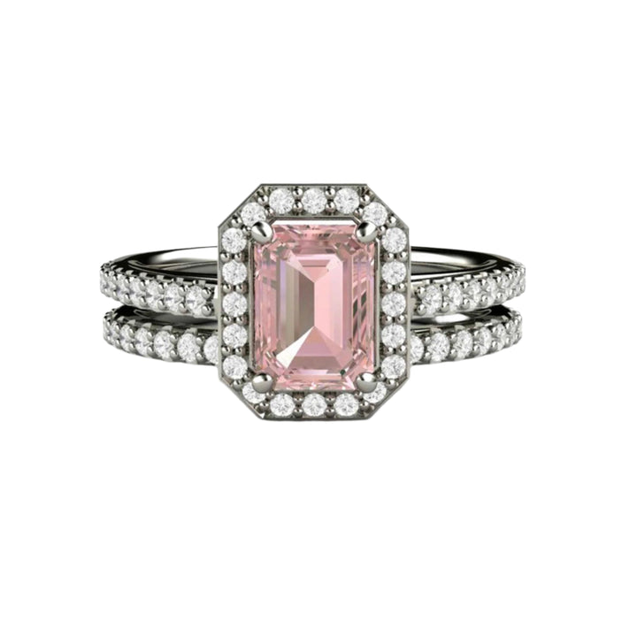 Emerald Cut Pink Moissanite Engagement Ring and Wedding Band,  Pave Diamond Halo Wedding Set | Rare Earth Jewelry
