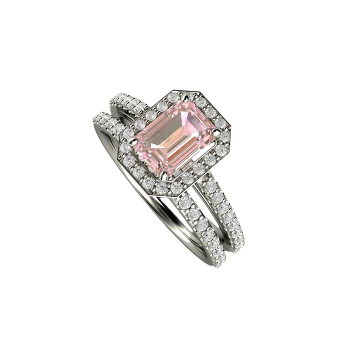 Emerald Cut Pink Moissanite Bridal Set, Pave Set Diamond Halo | Rare Earth Jewelry
