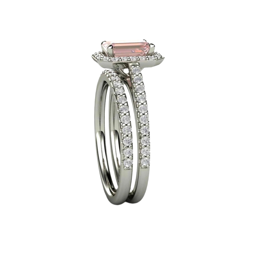 Side View of Emerald Cut Pink Moissanite Engagement Ring Pave Diamond Halo Bridal Set | Rare Earth Jewelry