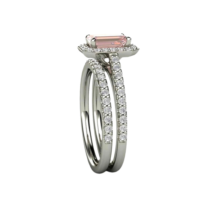 Side View of Emerald Cut Pink Moissanite Engagement Ring Pave Diamond Halo Bridal Set | Rare Earth Jewelry