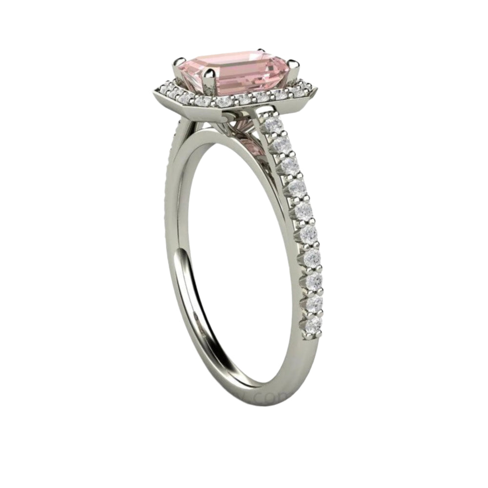 Emerald Cut Pink Moissanite Engagement Ring Pave Diamond Halo, Rare Earth Jewelry
