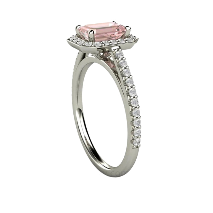 Emerald Cut Pink Moissanite Engagement Ring Pave Diamond Halo, Rare Earth Jewelry