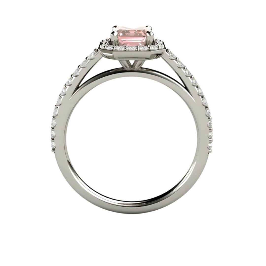 Emerald Cut Pink Moissanite Engagement Ring Pave Diamond Halo, Rare Earth Jewelry