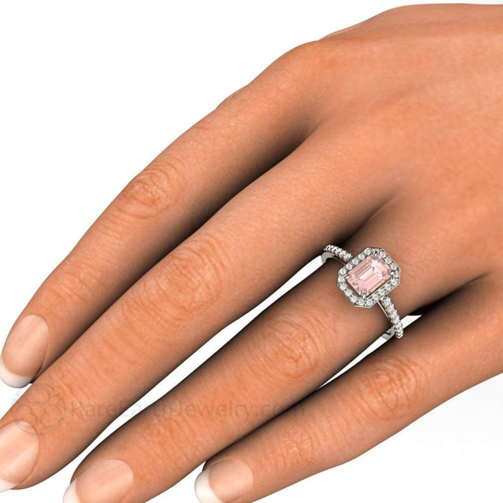 Emerald Cut Pink Moissanite Engagement Ring Pave Diamond Halo, Rare Earth Jewelry