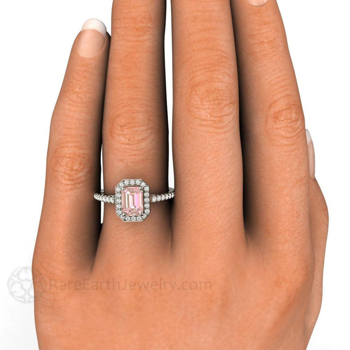 Emerald Cut Pink Moissanite Engagement Ring Pave Diamond Halo, Rare Earth Jewelry
