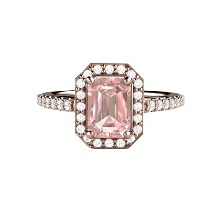 Emerald Cut Pink Moissanite Engagement Ring in Rose Gold, Pave Diamond Halo | Rare Earth Jewelry