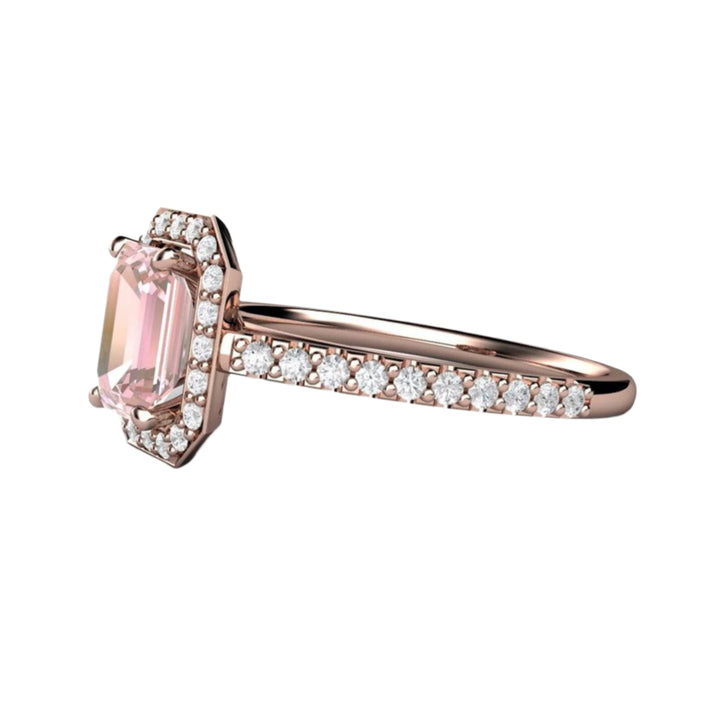 Emerald Cut Pink Moissanite Engagement Ring Pave Diamond Halo, Rare Earth Jewelry
