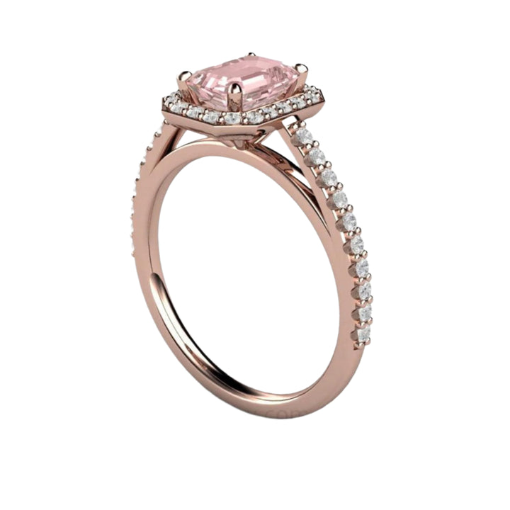 Emerald Cut Pink Moissanite Engagement Ring in Rose Gold with  Pave Diamond Halo | Rare Earth Jewelry